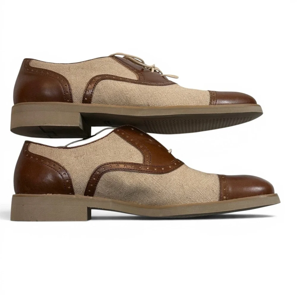 Johnston & Murphy Two Tone Cap Toe Oxford Shoes Men 9.5 M Tan Leather Canvas New